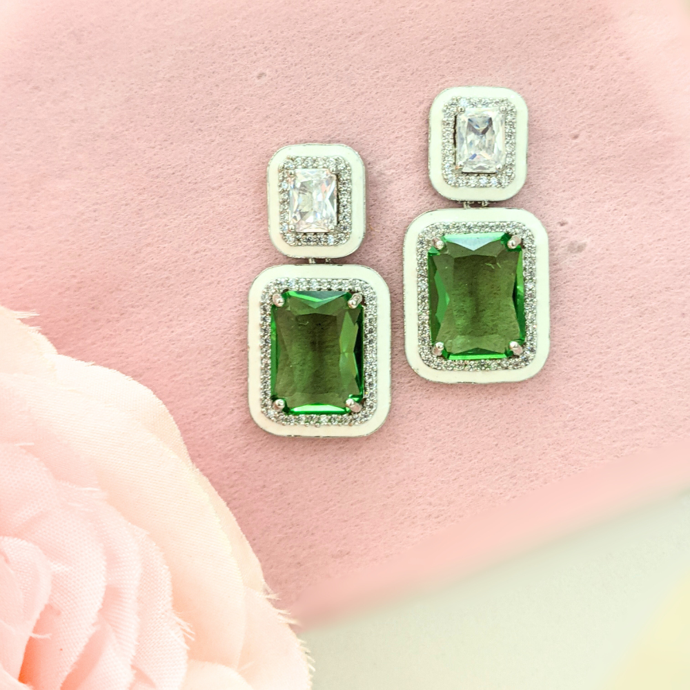 Green with White Enamel Earrings