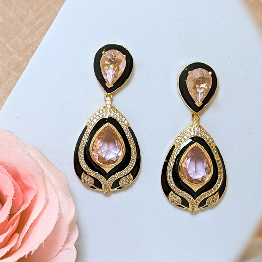 Black Enamel With Pink Stone Earring