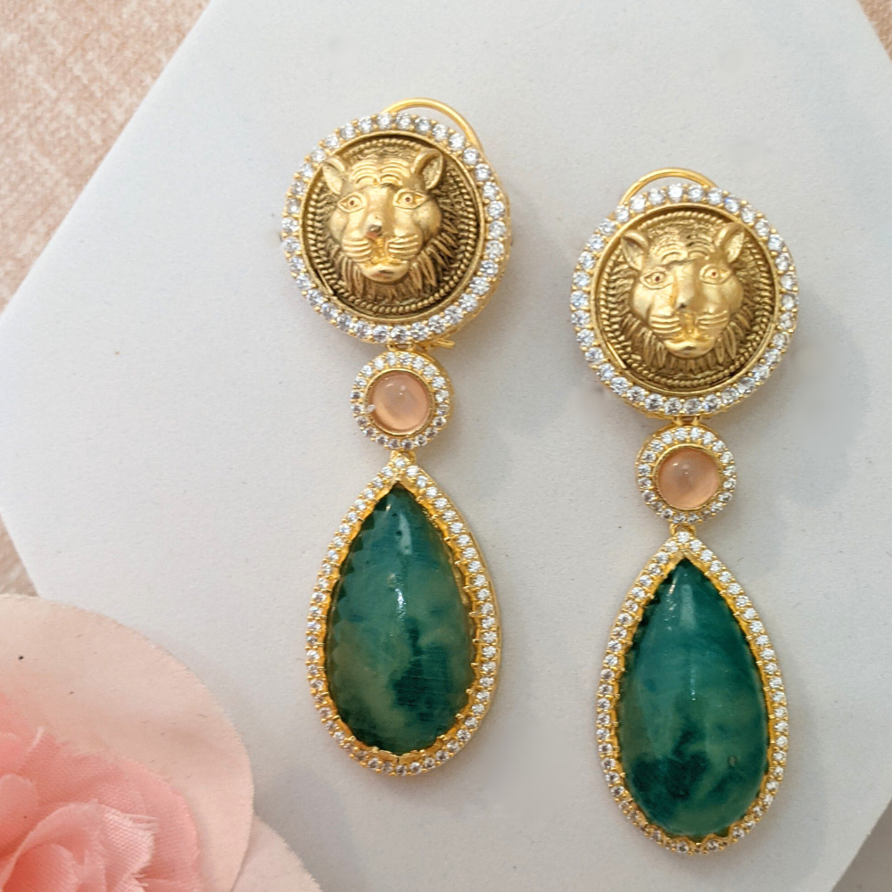 Antique Tiger Face with Green Drop Earrings