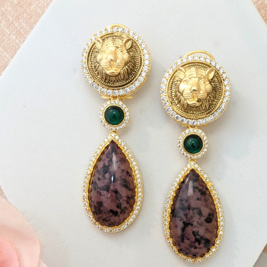 Antique Tiger Face with Brown Drop Earrings